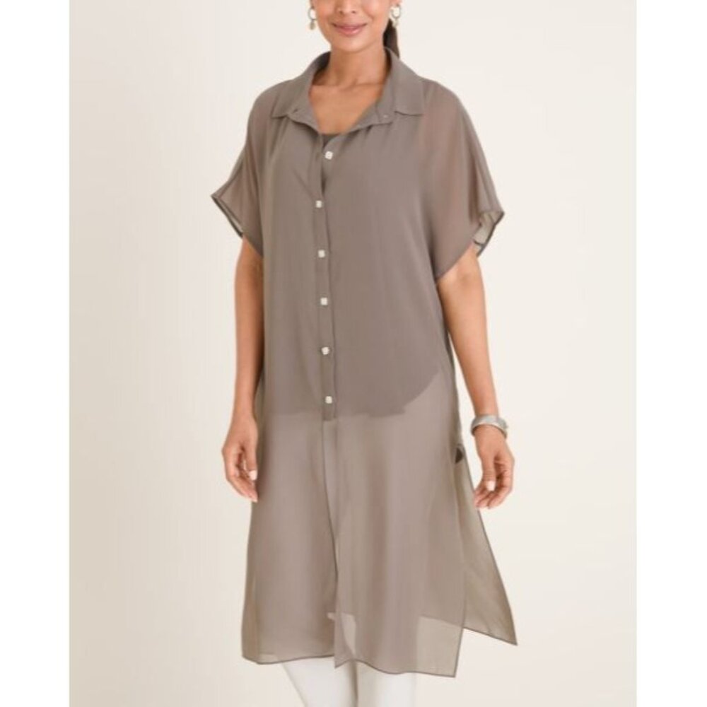 Marla Wynne for Chico's Sheer Lagenlook Gauzy Chiffon Tie-Front Tunic Gray XS-L